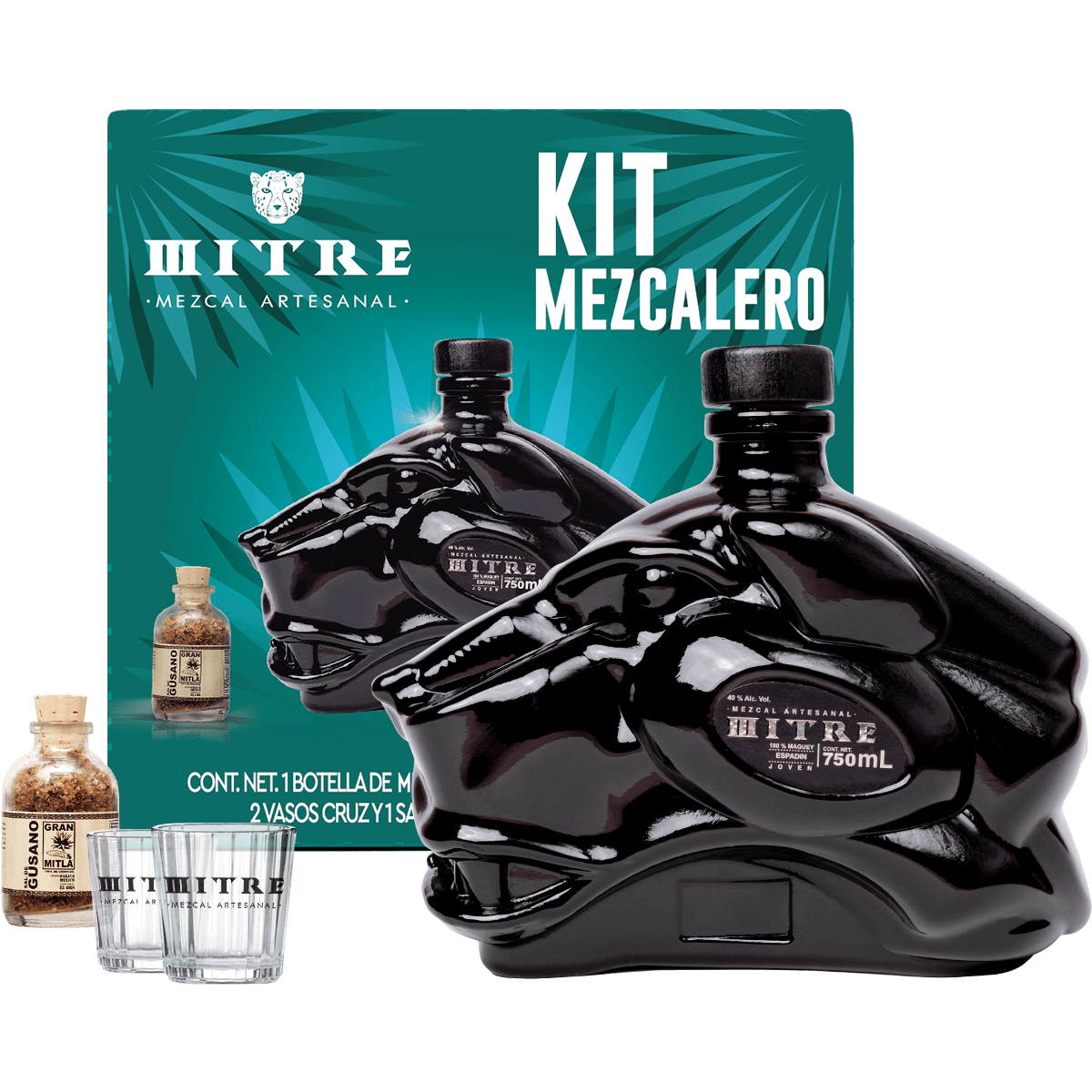 Kit Mezcalero Espadín de Mezcal Mitre con vasos cruz y sal de gusano - Experiencia completa premium