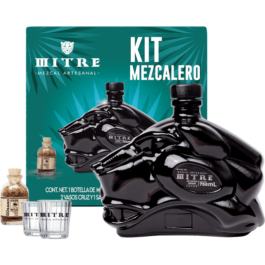 Kit Mezcalero Espadín de Mezcal Mitre con vasos cruz y sal de gusano - Experiencia completa premium