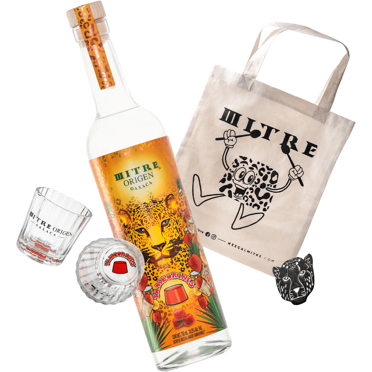 Kit Party Origen Tamborines con mezcal, ecobag, vasos cruz y pin coleccionable - regalo fiesta