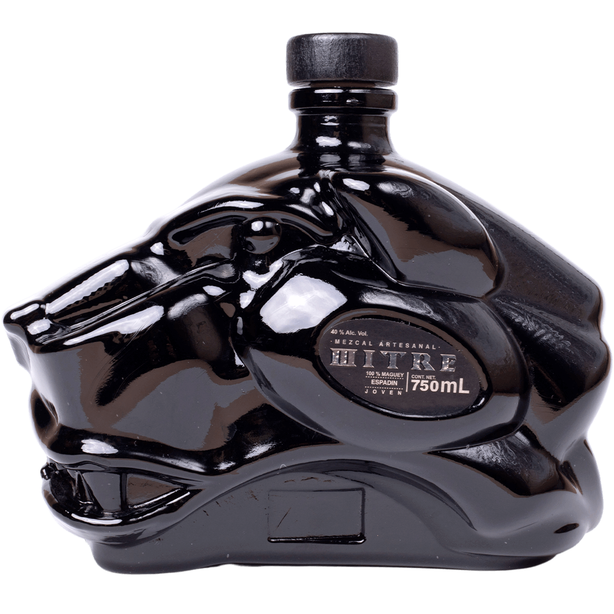 Vista lateral de botella jaguar negro de Mezcal Mitre Espadín 100% agave