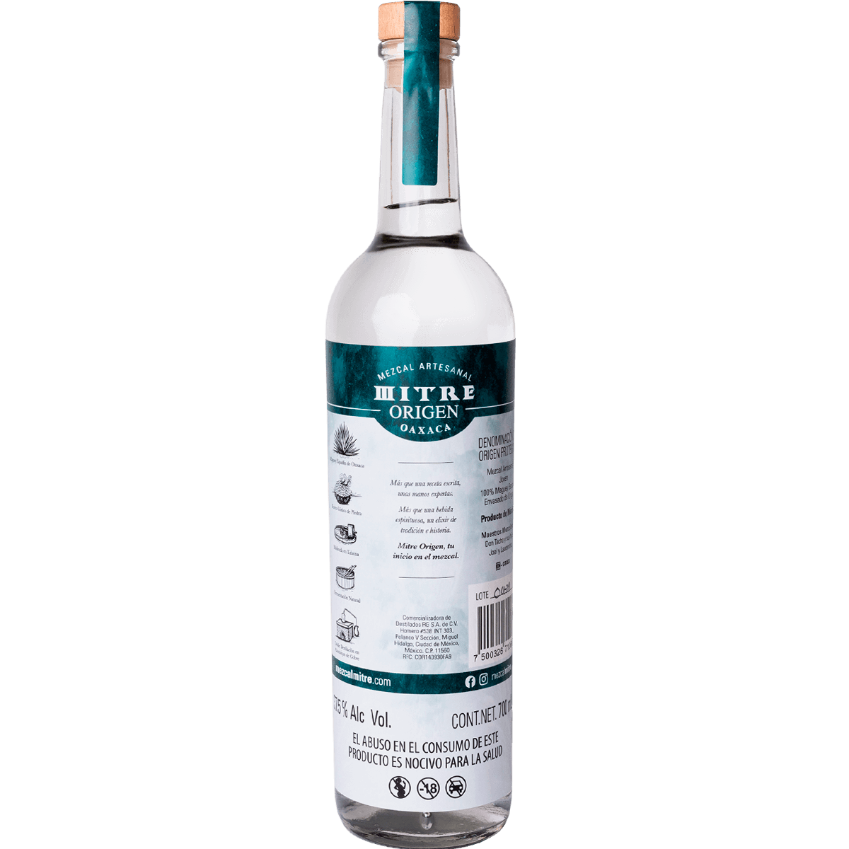 Botella de Mezcal Mitre Origen de 700ml con etiqueta premium
