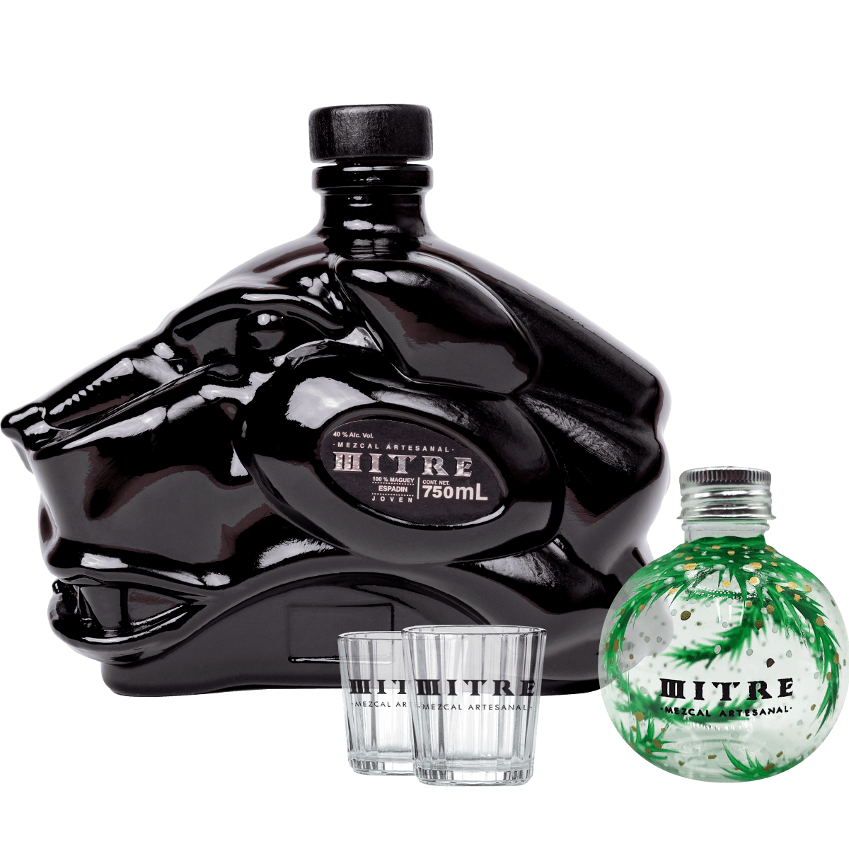 Kit Navideño Mitre | Mezcal Mitre Espadín + 2 Vasos Cruz + 1 Esfera navideña pintada a mano