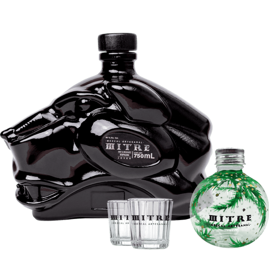 Kit Navideño Mitre | Mezcal Mitre Espadín + 2 Vasos Cruz + 1 Esfera navideña pintada a mano