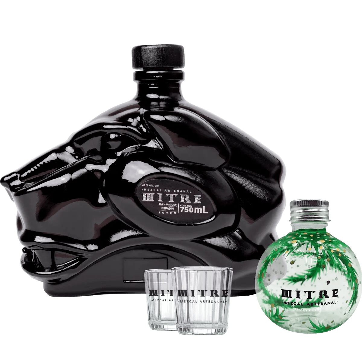 Kit Navideño Mitre | Mezcal Mitre Espadín + 2 Vasos Cruz + 1 Esfera navideña pintada a mano - Mezcal Mitre