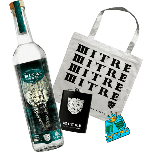 Kit Party Origen Mezcal Mitre completo con botella, ecobag, licorera y pin de regalo - experiencia premium artesanal