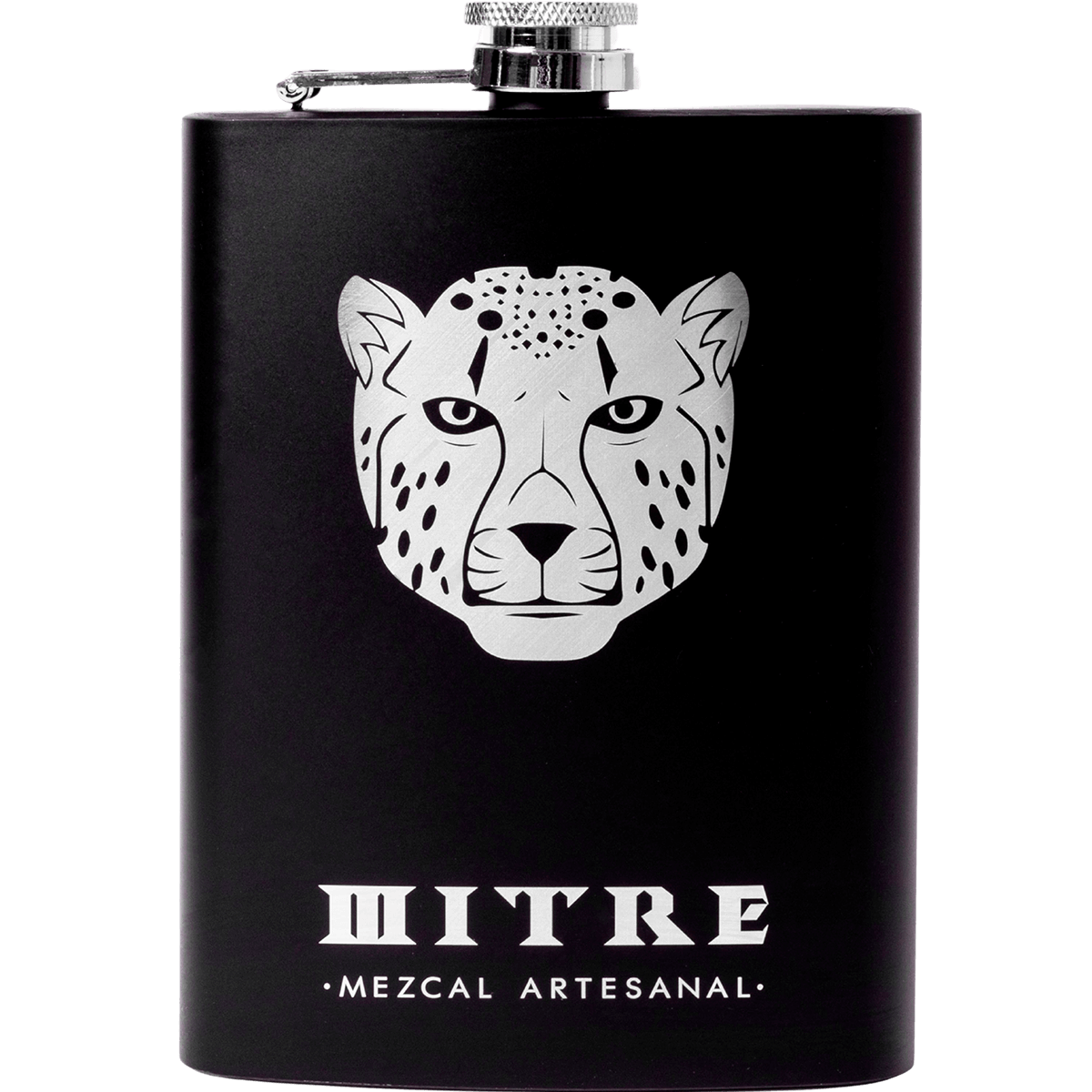 Licorera portátil negra con logo Mitre - accesorio premium para degustar mezcal artesanal en cualquier lugar