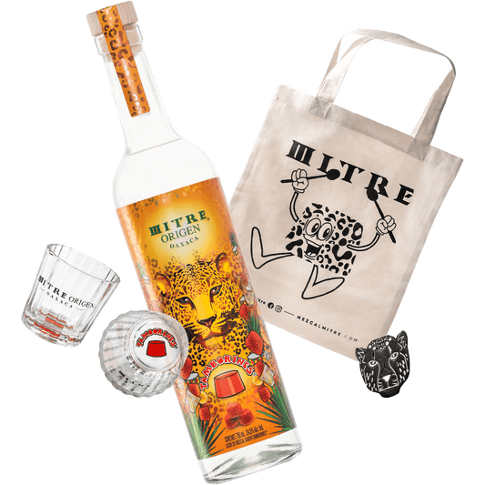 Kit Party Origen Tamborines con mezcal, ecobag, vasos cruz y pin coleccionable - regalo fiesta
