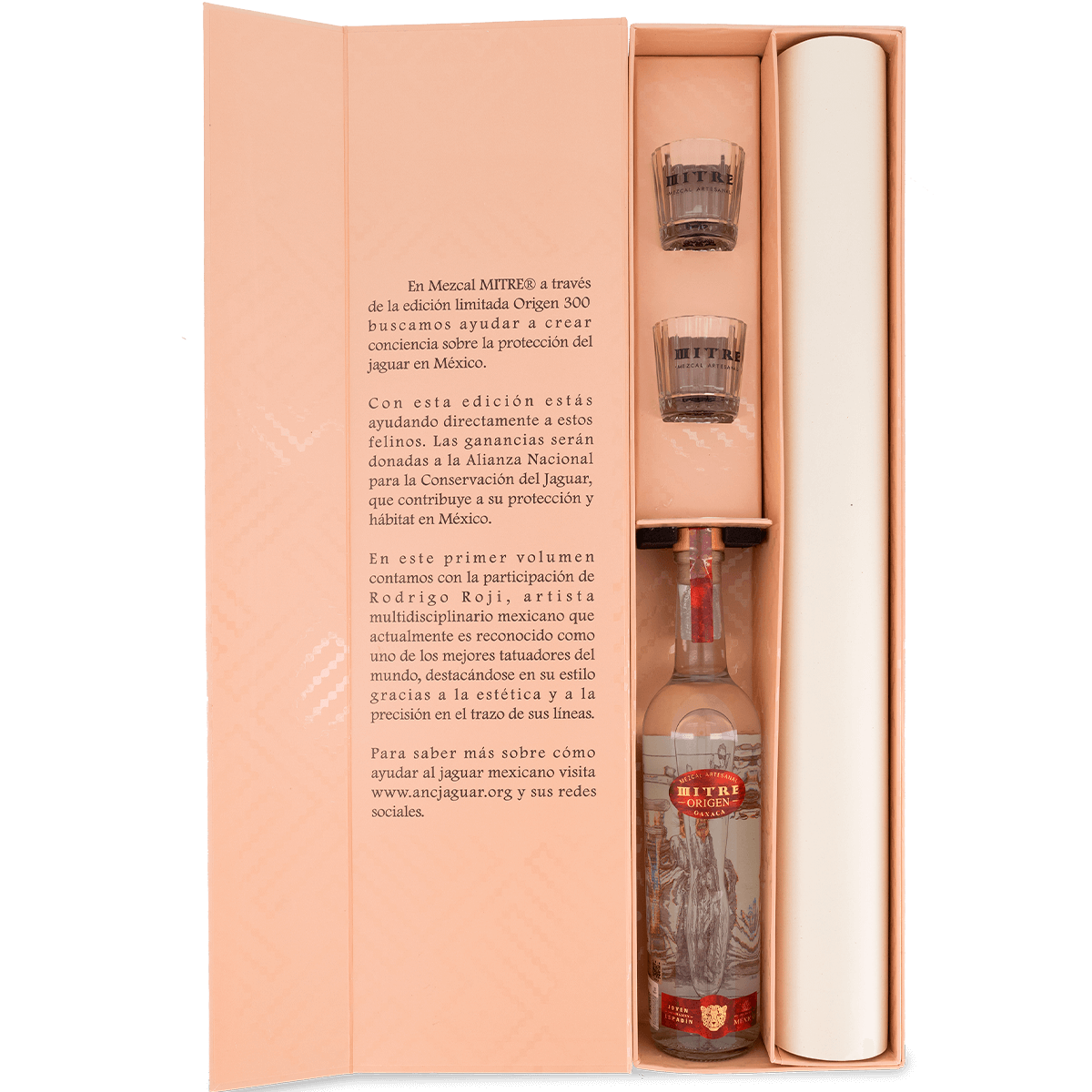 Detalle del packaging de la colección de 300 piezas Mezcal Mitre Origen para conservación del jaguar