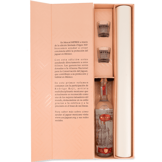 Detalle del packaging de la colección de 300 piezas Mezcal Mitre Origen para conservación del jaguar