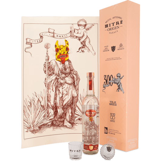 Edición limitada Mezcal Mitre Origen 700ml con litografía y etiqueta diseñadas por Rodrigo Roji