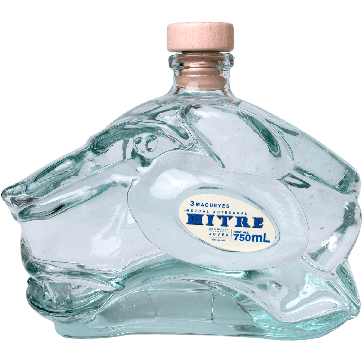 Vista frontal de botella escultural Mezcal Mitre Triple Agave con empaque regalo premium
